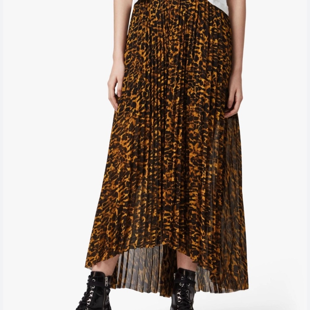 All Saints Leopard Print Pleated Midi Skirt